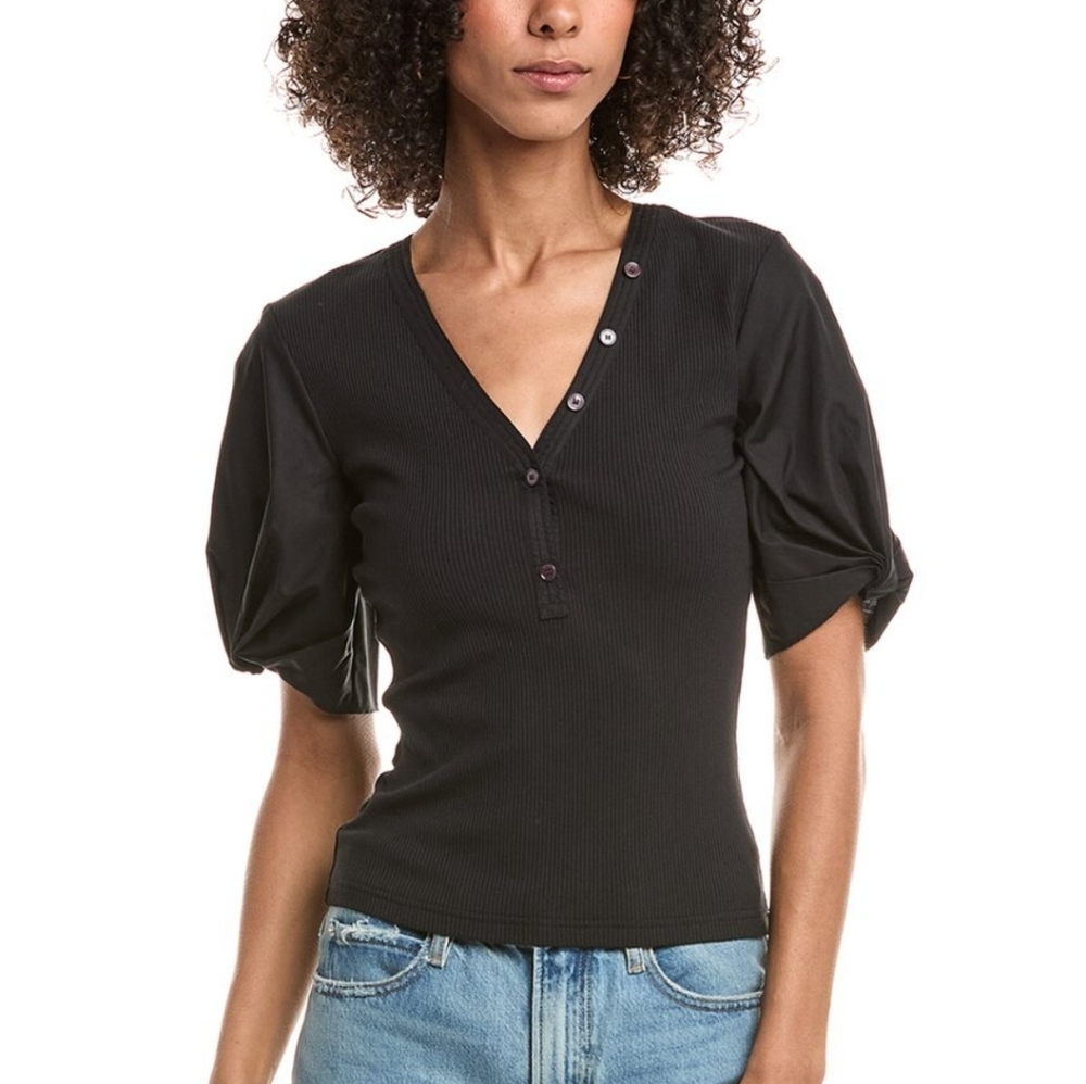 Derek Lam 10 Crosby Fallon Cotton-Blend Ribbed Puff-Sleeve Blouse